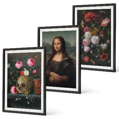 Set of 3 framed wall art pieces featuring a Mona Lisa flower skull portrait