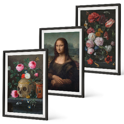 Set of 3 framed wall art pieces Flowers skull portrait Mona Lisa