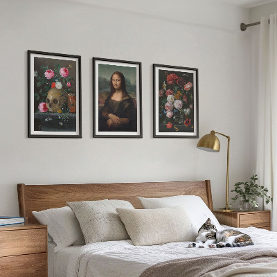 Set of 3 framed wall art pieces Flowers skull portrait Mona Lisa