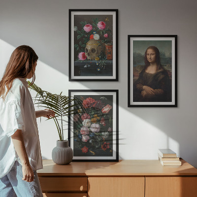 Set of 3 framed wall art pieces Flowers skull portrait Mona Lisa