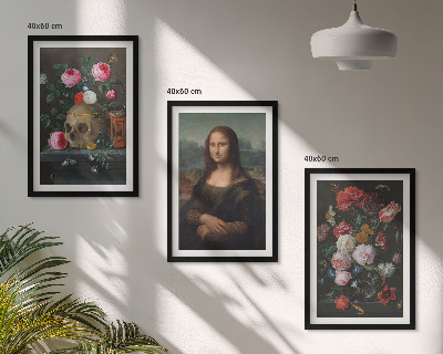 Set of 3 framed wall art pieces Flowers skull portrait Mona Lisa