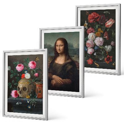 Set of 3 framed wall art pieces Flowers skull portrait Mona Lisa