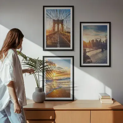 Wall art set featuring bridges and city sunsets