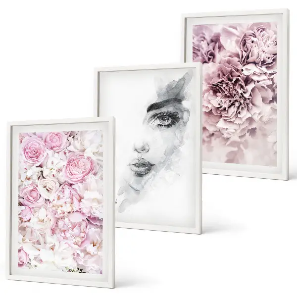 Peonies portrait of a woman in black and white three-piece wall art set