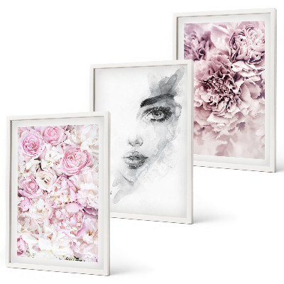 Three-piece wall art piece Peonies portrait of a woman in black and white