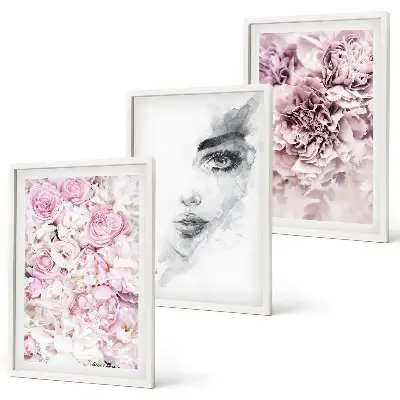 Peonies portrait of a woman in black and white three-piece wall art set