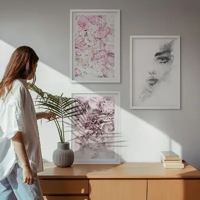 Peonies portrait of a woman in black and white three-piece wall art set