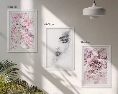 Three-piece wall art piece Peonies portrait of a woman in black and white