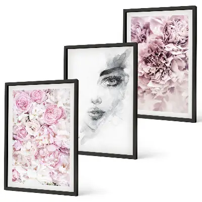 Peonies portrait of a woman in black and white three-piece wall art set