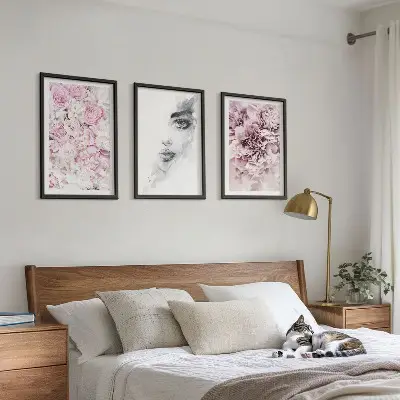 Peonies portrait of a woman in black and white three-piece wall art set