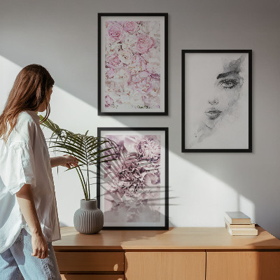 Three-piece wall art piece Peonies portrait of a woman in black and white