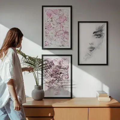 Peonies portrait of a woman in black and white three-piece wall art set