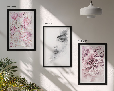 Three-piece wall art piece Peonies portrait of a woman in black and white