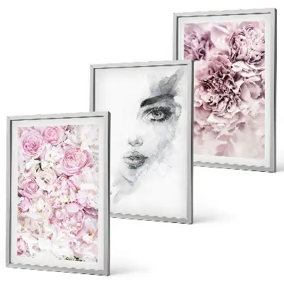 Peonies portrait of a woman in black and white three-piece wall art set