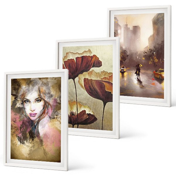 Three-piece wall art piece Abstract portrait of a woman with flowers and rain