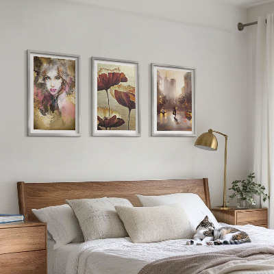Three-piece wall art piece Abstract portrait of a woman with flowers and rain