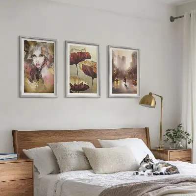 Three-piece abstract wall art portrait of a woman with flowers and rain