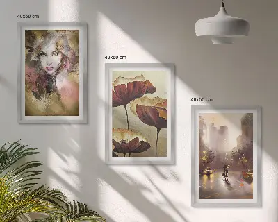 Three-piece abstract wall art portrait of a woman with flowers and rain