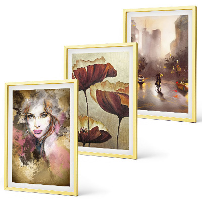 Three-piece wall art piece Abstract portrait of a woman with flowers and rain