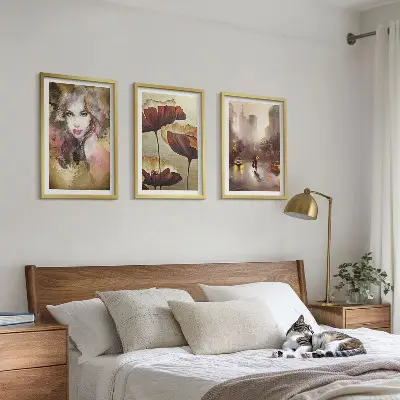 Three-piece abstract wall art portrait of a woman with flowers and rain