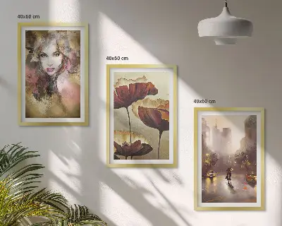 Three-piece abstract wall art portrait of a woman with flowers and rain
