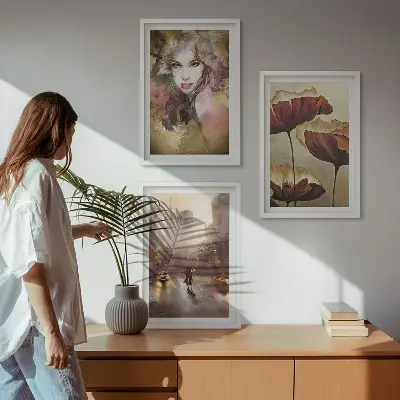 Three-piece abstract wall art portrait of a woman with flowers and rain