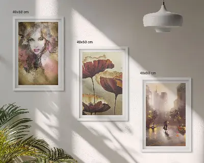 Three-piece abstract wall art portrait of a woman with flowers and rain