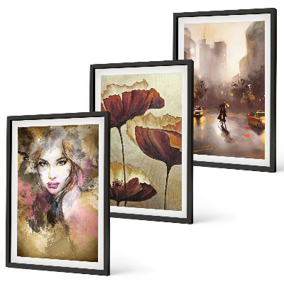 Three-piece wall art piece Abstract portrait of a woman with flowers and rain