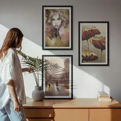 Three-piece abstract wall art portrait of a woman with flowers and rain