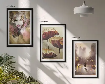 Three-piece abstract wall art portrait of a woman with flowers and rain