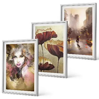 Three-piece abstract wall art portrait of a woman with flowers and rain