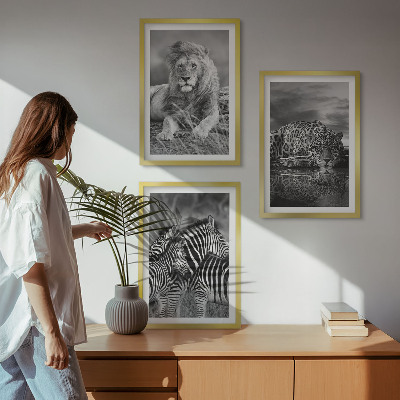 Set of 3 framed wall art pieces Wild animals of the savannah