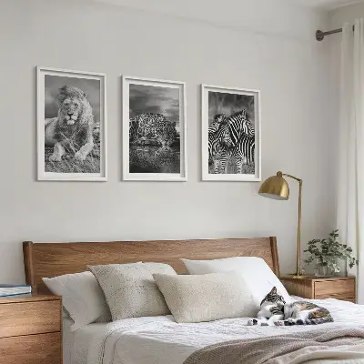 Set of 3 framed wall art pieces featuring wild savannah animals