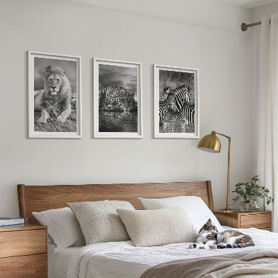 Set of 3 framed wall art pieces Wild animals of the savannah