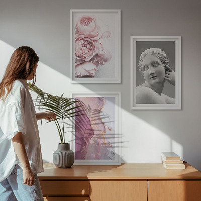 Set of 3 framed wall art pieces Peonies abstract woman sculpture