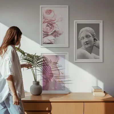 Peonies abstract woman sculpture set of 3 framed wall art pieces