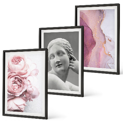 Set of 3 framed wall art pieces Peonies abstract woman sculpture