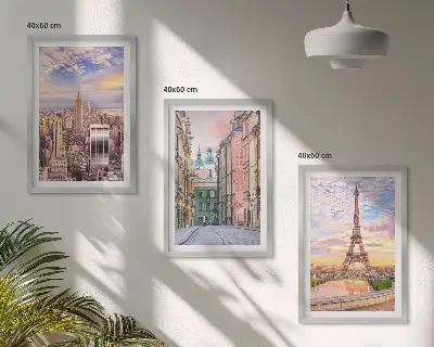 Wall art set cities New York and Paris at twilight