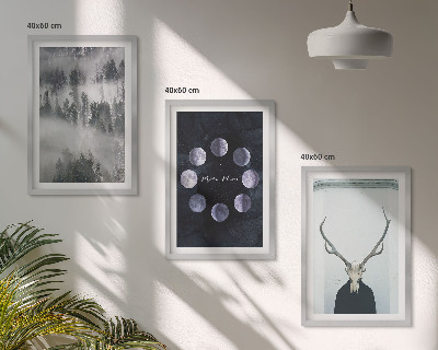 Set of 3 framed wall art pieces Forest landscape fog moon deer skull