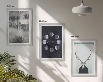 Forest landscape wall art set of 3 framed pieces featuring a foggy moon and deer skull