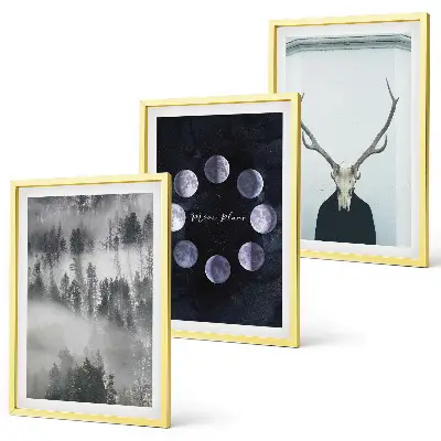 Forest landscape wall art set of 3 framed pieces featuring a foggy moon and deer skull