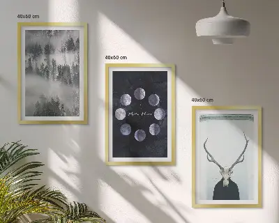 Forest landscape wall art set of 3 framed pieces featuring a foggy moon and deer skull