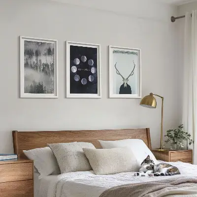 Forest landscape wall art set of 3 framed pieces featuring a foggy moon and deer skull