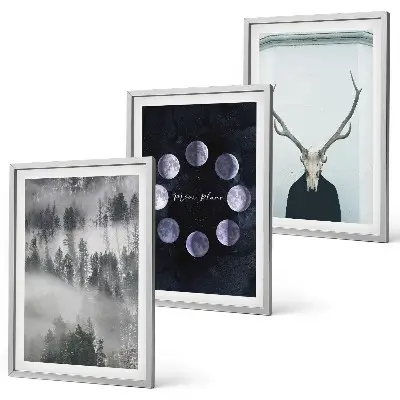 Forest landscape wall art set of 3 framed pieces featuring a foggy moon and deer skull