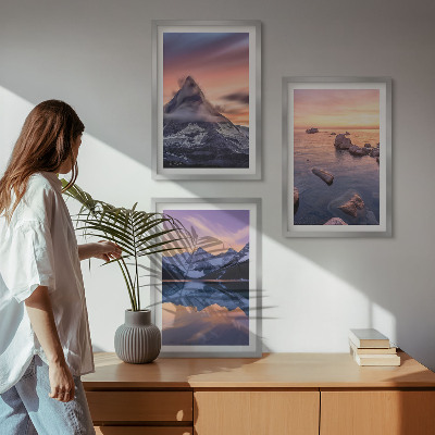 Three-piece wall art piece Mountain landscape, lake, west