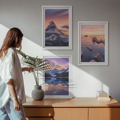 Three-piece wall art piece Mountain landscape, lake, west