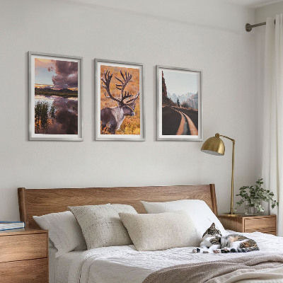 Set of 3 framed wall art pieces Mountain landscapes with reindeer