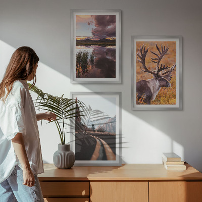 Set of 3 framed wall art pieces Mountain landscapes with reindeer