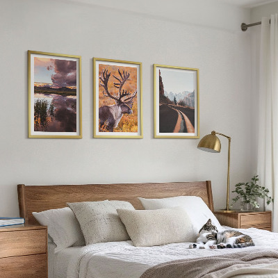 Set of 3 framed wall art pieces Mountain landscapes with reindeer