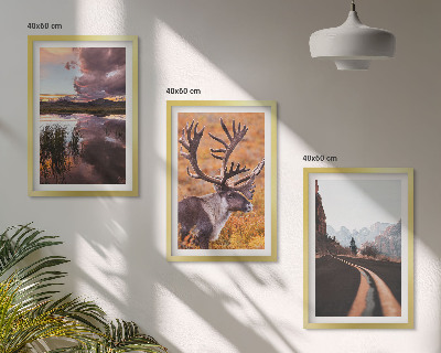 Set of 3 framed wall art pieces Mountain landscapes with reindeer